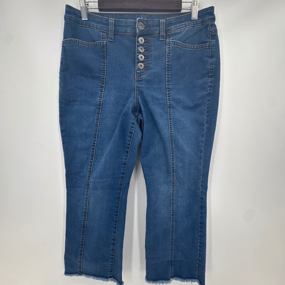 Style & Co‎ Crop Flare Jeans Womens 10P Blue Cotton Mid Rise Button Fly Raw Hem